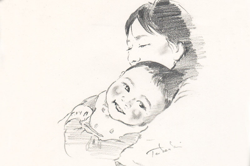 素朴な鉛筆画　赤ちゃんとバーバ